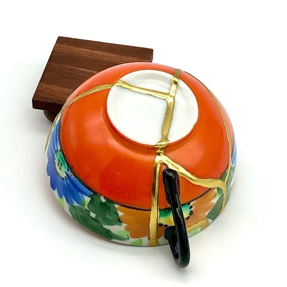 Retro Floral Teacup Kintsugi Eggshell Gold Crack Vtg MCM Japanese Growth Gift - Picture 8 of 16